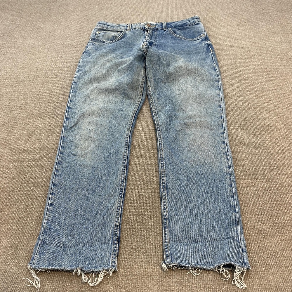 Zara Straight Jeans Womens 6 Blue Med Wash High Rise Distressed Boho Fringe
